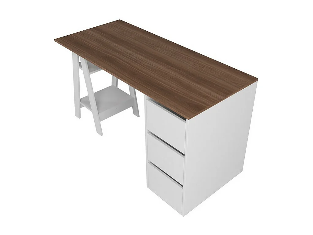 Bureau Tréteau et Caisson 3 Tiroirs Blanc et Châtaignier L 135 H 75 P 60 cm