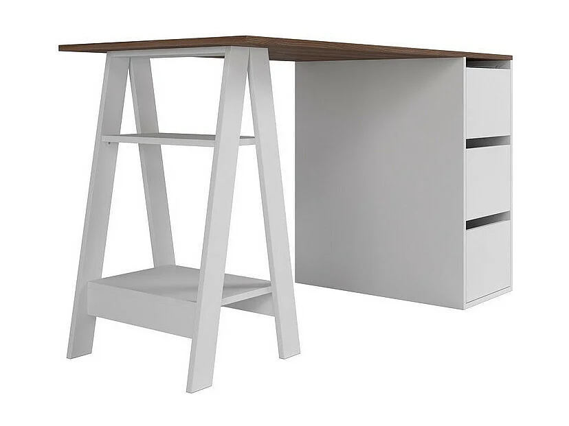 Bureau Tréteau et Caisson 3 Tiroirs Blanc et Châtaignier L 135 H 75 P 60 cm