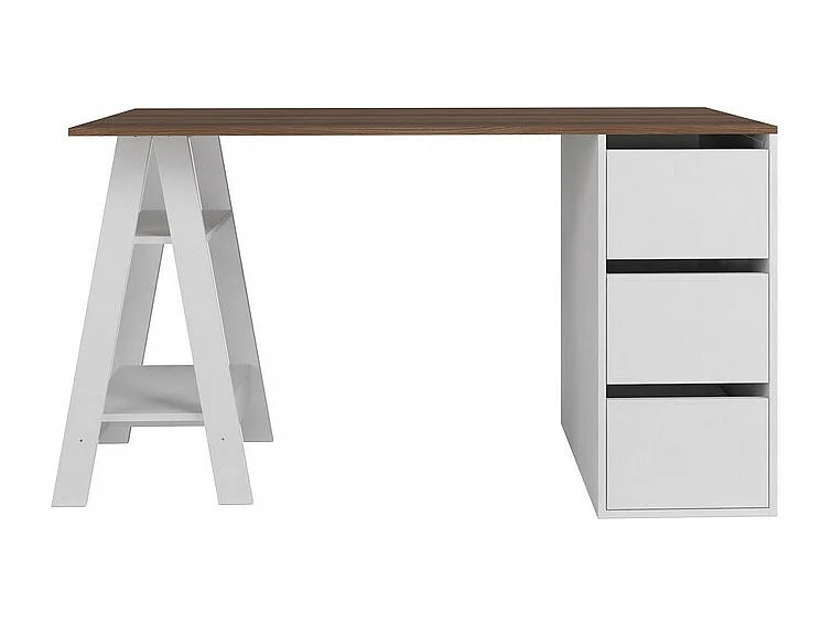 Bureau Tréteau et Caisson 3 Tiroirs Blanc et Châtaignier L 135 H 75 P 60 cm