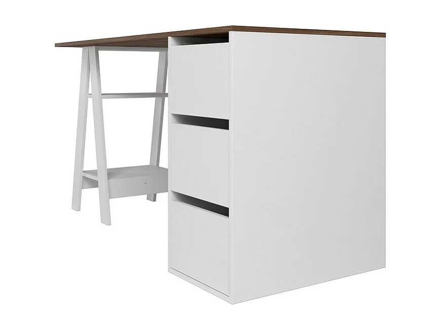 Bureau Tréteau et Caisson 3 Tiroirs Blanc et Châtaignier L 135 H 75 P 60 cm