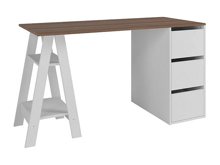 Bureau Tréteau et Caisson 3 Tiroirs Blanc et Châtaignier L 135 H 75 P 60 cm