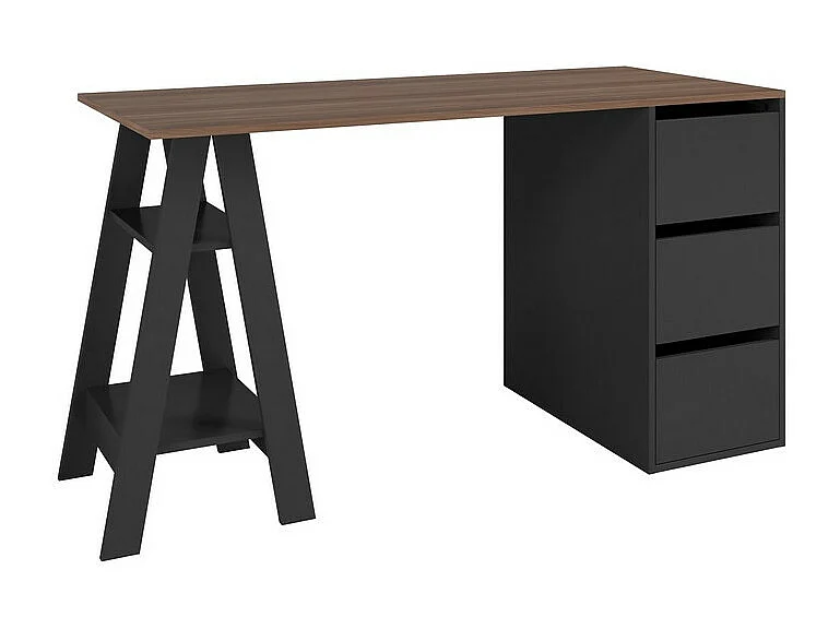 Bureau Tréteau et Caisson 3 Tiroirs Noir et Châtaignier L 135 H 75 P 60 cm