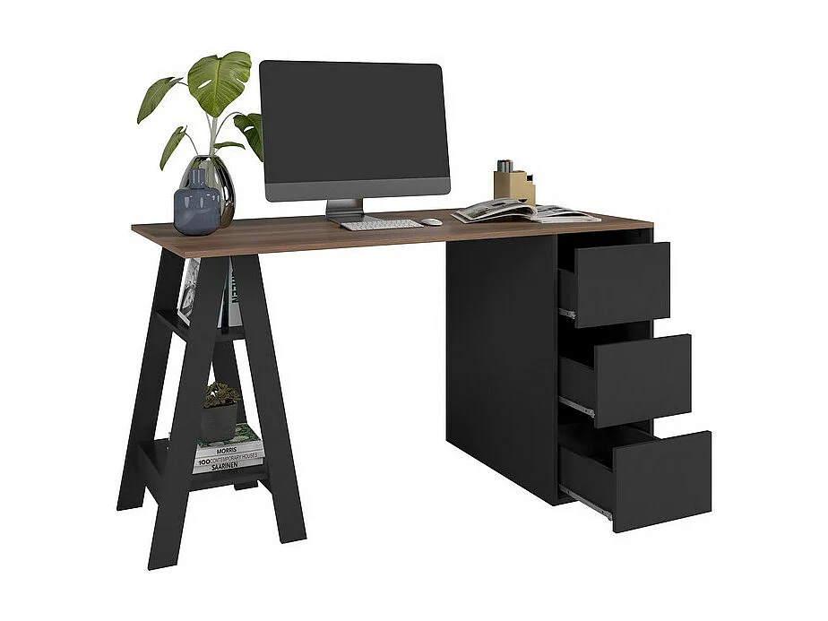 Bureau Tréteau et Caisson 3 Tiroirs Noir et Châtaignier L 135 H 75 P 60 cm