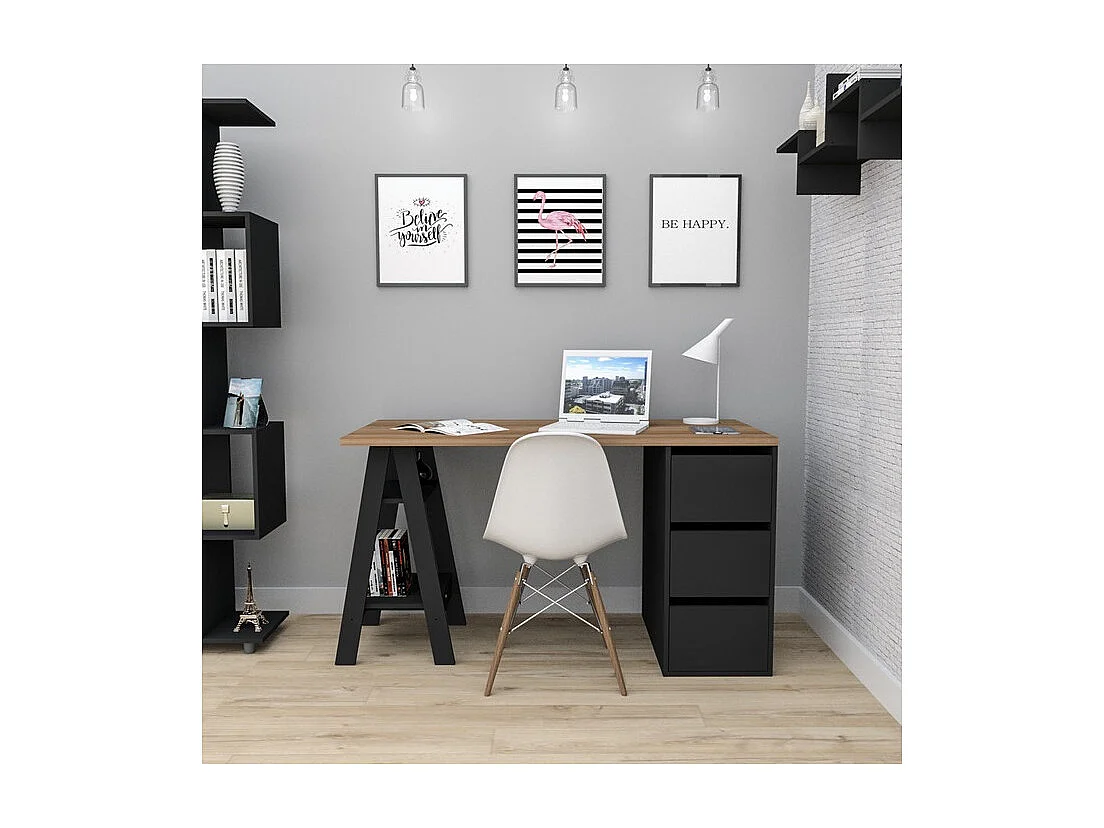 Bureau Tréteau et Caisson 3 Tiroirs Noir et Châtaignier L 135 H 75 P 60 cm