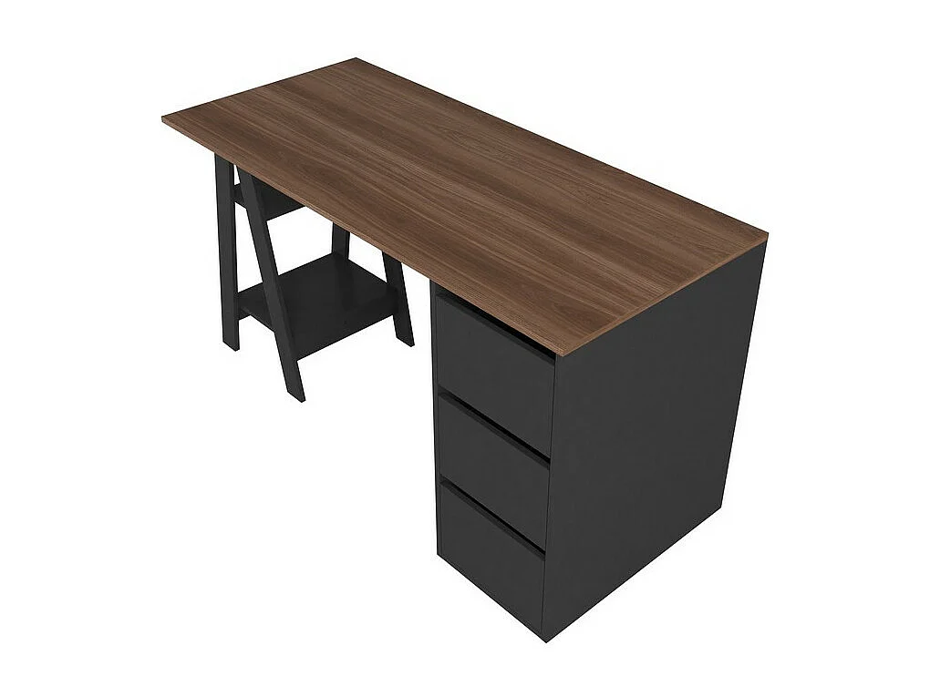 Bureau Tréteau et Caisson 3 Tiroirs Noir et Châtaignier L 135 H 75 P 60 cm