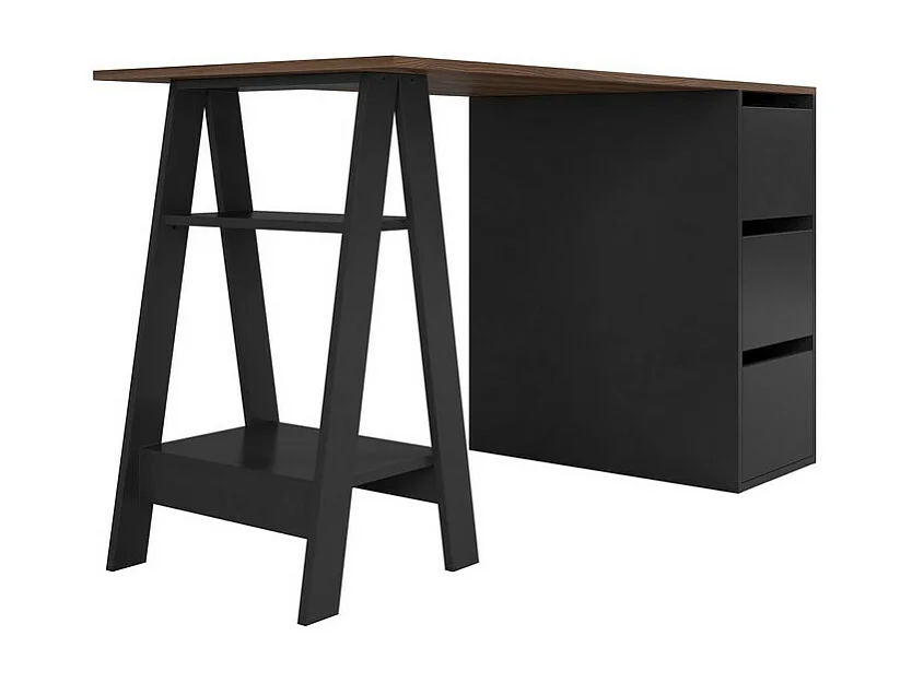 Bureau Tréteau et Caisson 3 Tiroirs Noir et Châtaignier L 135 H 75 P 60 cm