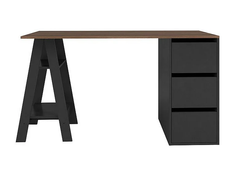 Bureau Tréteau et Caisson 3 Tiroirs Noir et Châtaignier L 135 H 75 P 60 cm