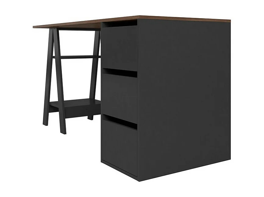 Bureau Tréteau et Caisson 3 Tiroirs Noir et Châtaignier L 135 H 75 P 60 cm