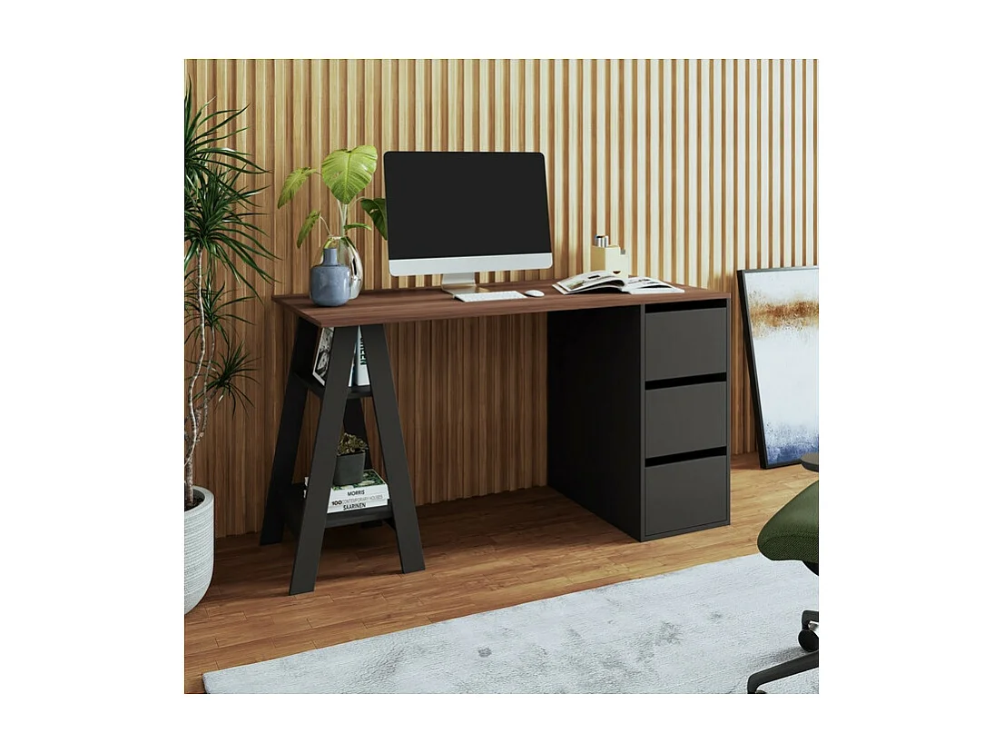 Bureau Tréteau et Caisson 3 Tiroirs Noir et Châtaignier L 135 H 75 P 60 cm