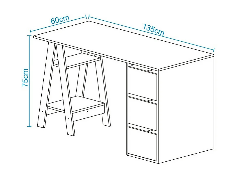 Bureau Tréteau et Caisson 3 Tiroirs Noir et Châtaignier L 135 H 75 P 60 cm
