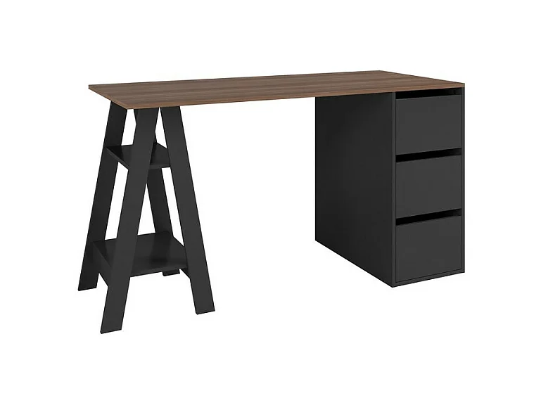 Bureau Tréteau et Caisson 3 Tiroirs Noir et Châtaignier L 135 H 75 P 60 cm