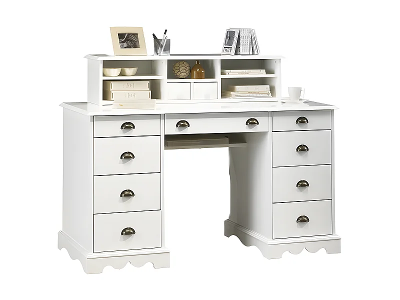 Bureau Ministre Blanc Surmeuble Style Anglais 11 Tiroirs L 137.5 H 99.7 P 58.3