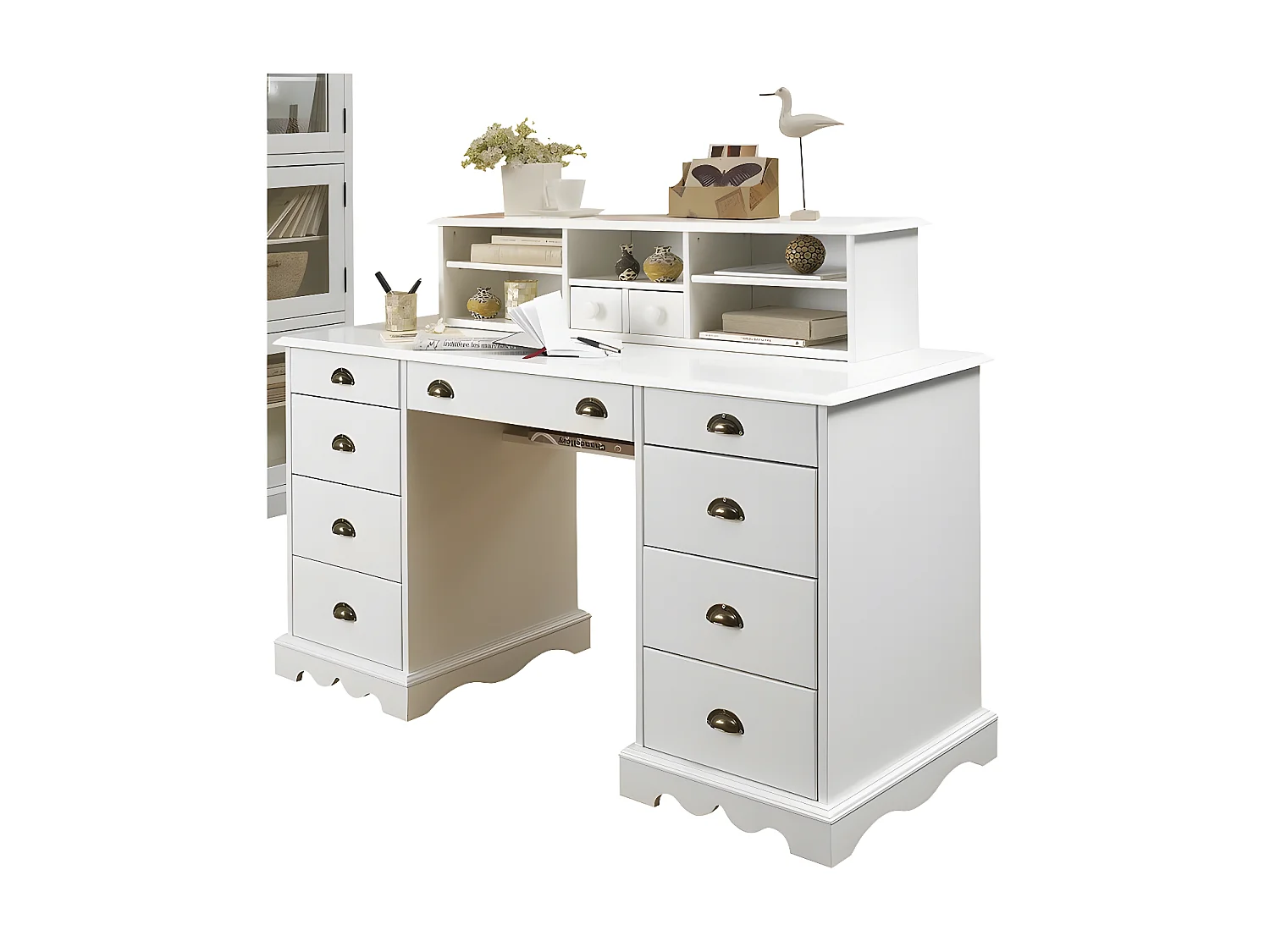 Bureau Ministre Blanc Surmeuble Style Anglais 11 Tiroirs L 137.5 H 99.7 P 58.3