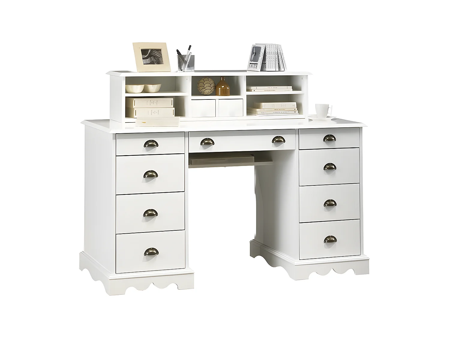 Bureau Ministre Blanc Surmeuble Style Anglais 11 Tiroirs L 137.5 H 99.7 P 58.3