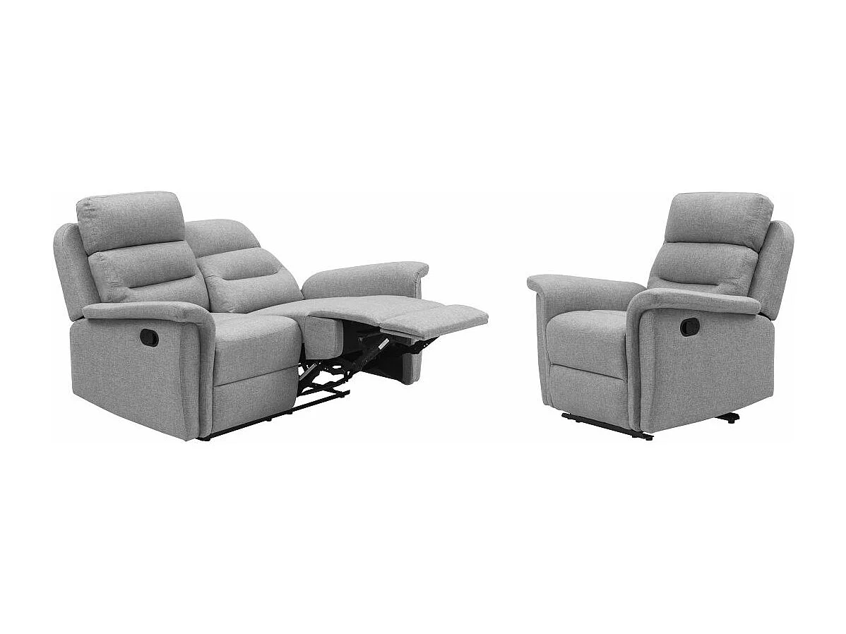 Ensemble canapé relax manuel Léon 2 places + fauteuil manuel en tissu gris clair - Loungitude