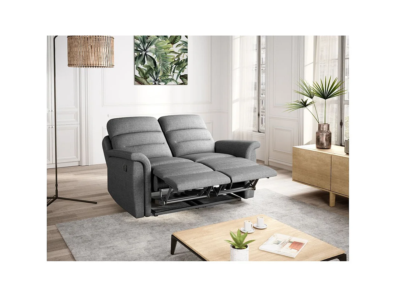 Ensemble canapé relax manuel Léon 2 places + fauteuil manuel en tissu gris clair - Loungitude