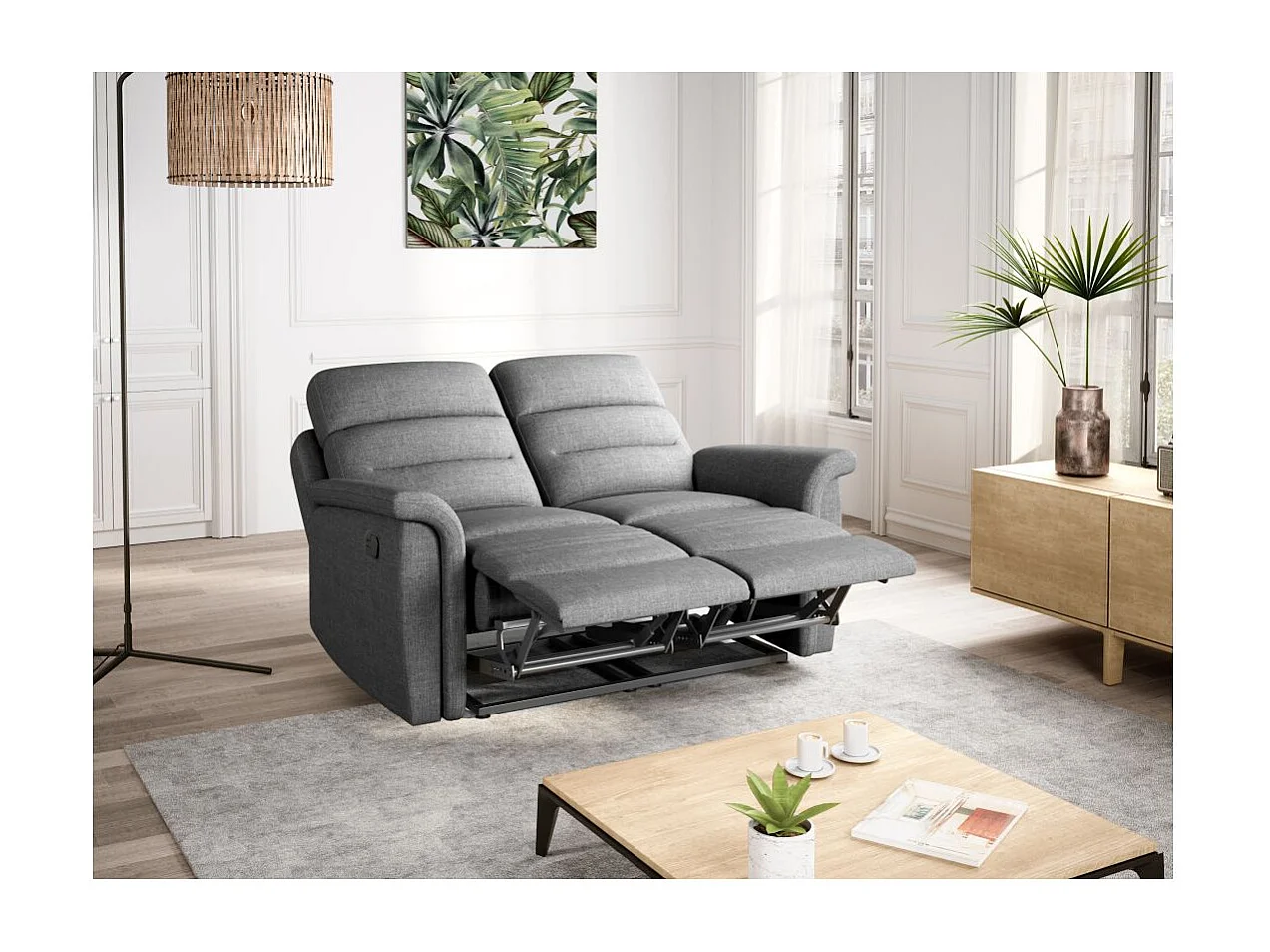 Ensemble canapé relax manuel Léon 2 places + fauteuil manuel en tissu gris clair - Loungitude