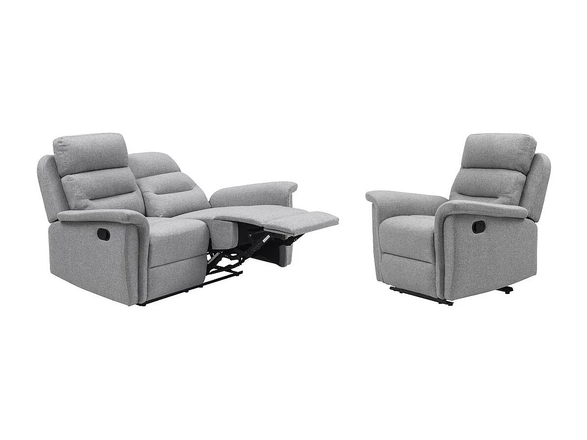 Ensemble canapé relax manuel Léon 2 places + fauteuil manuel en tissu gris clair - Loungitude