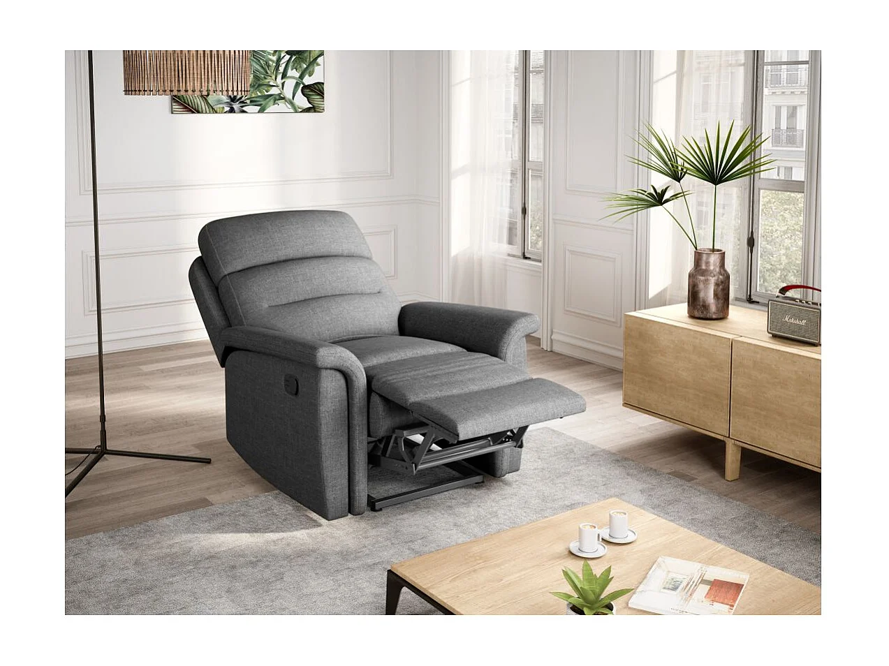 Ensemble canapé relax manuel Léon 2 places + fauteuil manuel en tissu gris clair - Loungitude