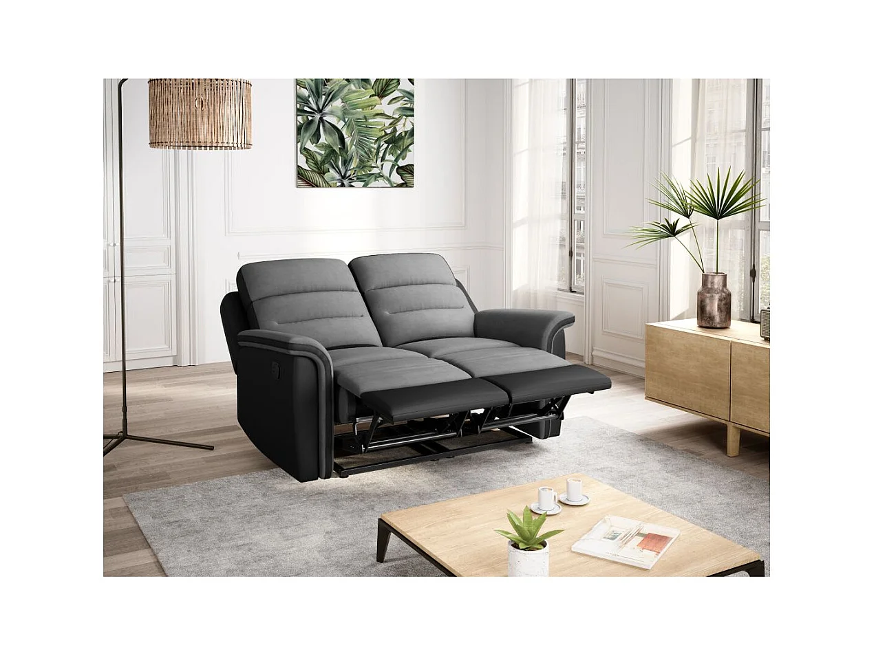 Ensemble canapé relax Léon 2 places + fauteuil manuel en microfibre et simili Gris/Noir - Loungitude