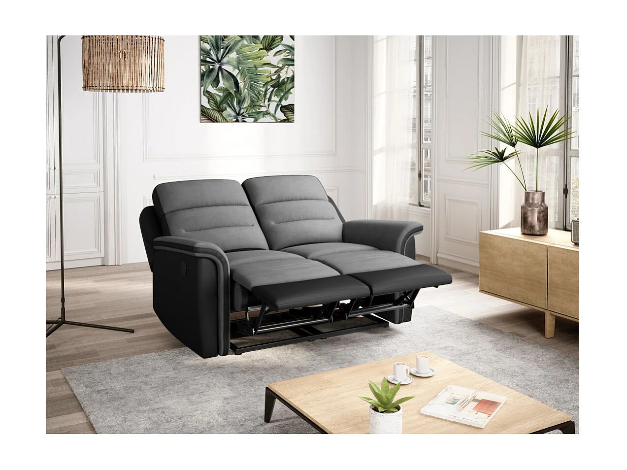 Ensemble canapé relax Léon 2 places + fauteuil manuel en microfibre et simili Gris/Noir - Loungitude