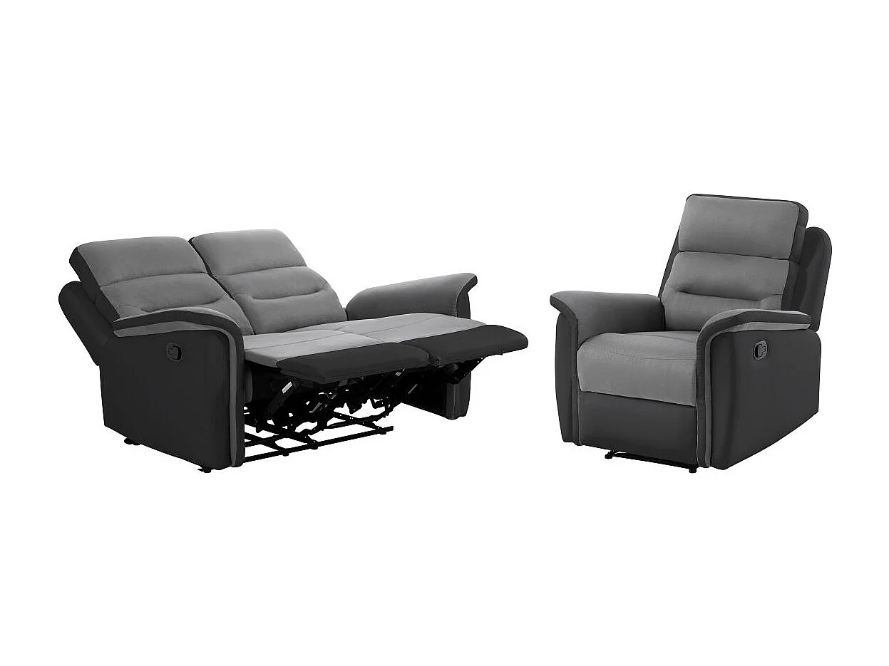 Ensemble canapé relax Léon 2 places + fauteuil manuel en microfibre et simili Gris/Noir - Loungitude