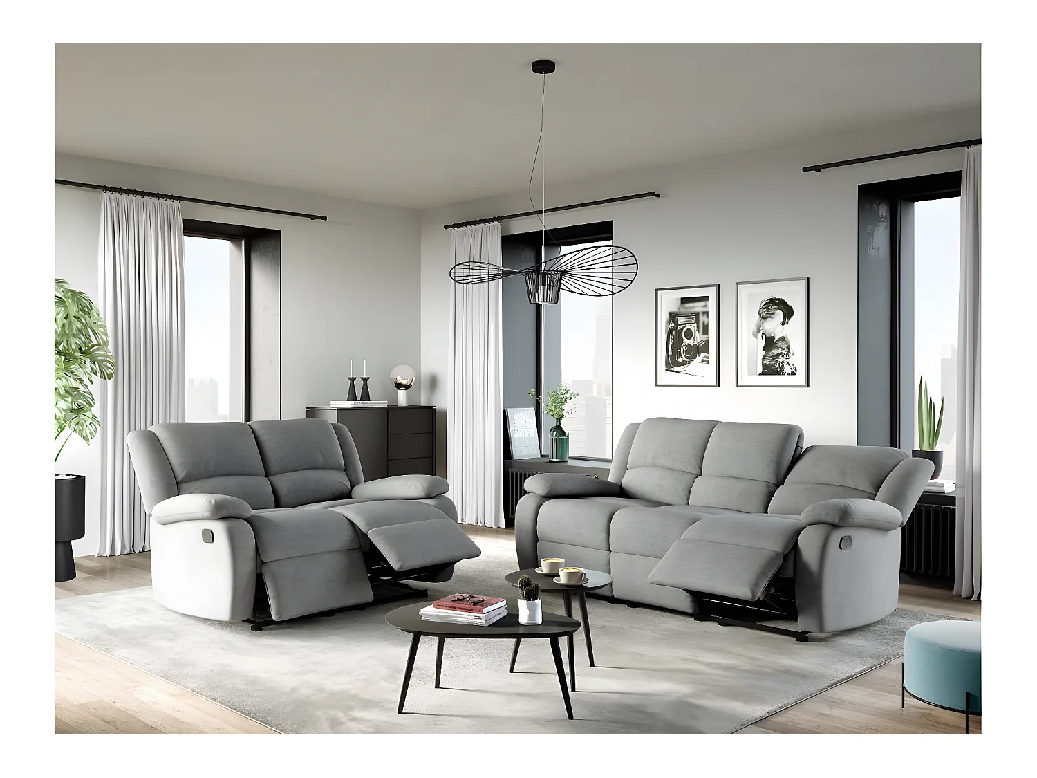 RELAXXO - Ensemble canapés relax manuels LEO 3 + 2 places en microfibre - Gris