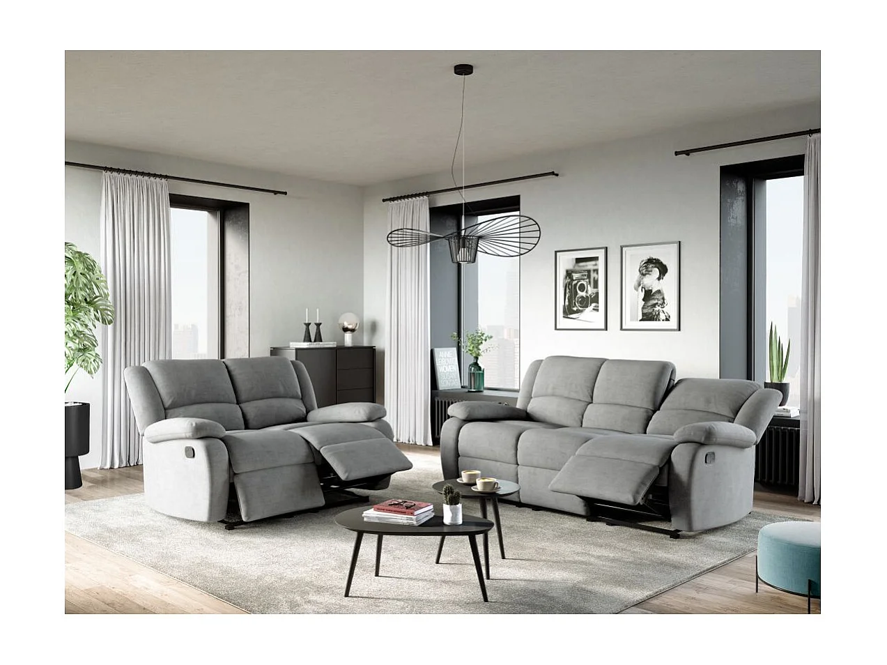RELAXXO - Ensemble canapés relax manuels LEO 3 + 2 places en microfibre - Gris