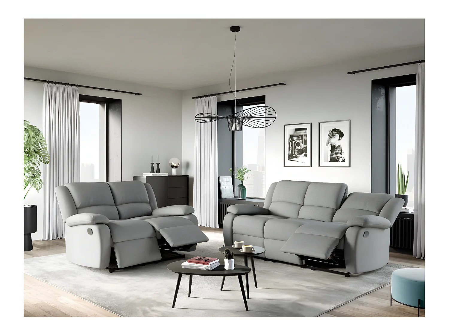 RELAXXO - Ensemble canapés relax manuels LEO 3 + 2 places en tissu - Gris clair