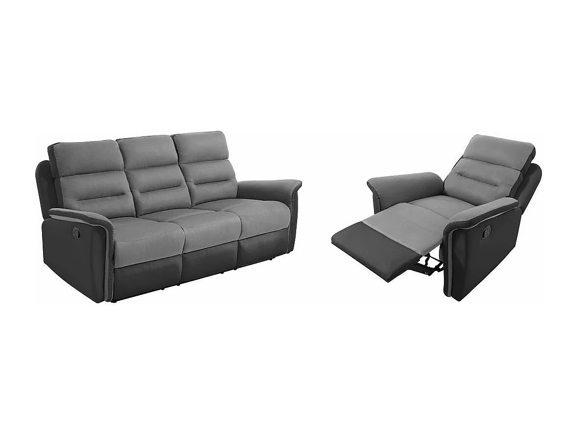 Ensemble canapé relax manuel Léon 3 places + fauteuil manuel en microfibre et simili Gris/noir - Loungitude