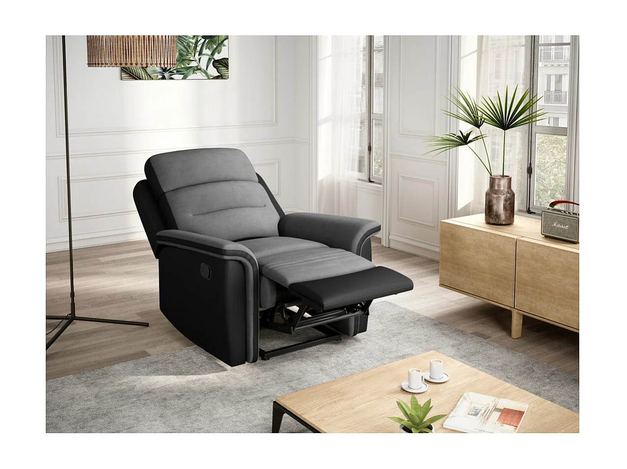 Ensemble canapé relax manuel Léon 3 places + fauteuil manuel en microfibre et simili Gris/noir - Loungitude
