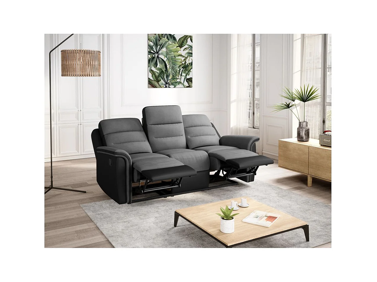 Ensemble canapé relax manuel Léon 3 places + fauteuil manuel en microfibre et simili Gris/noir - Loungitude