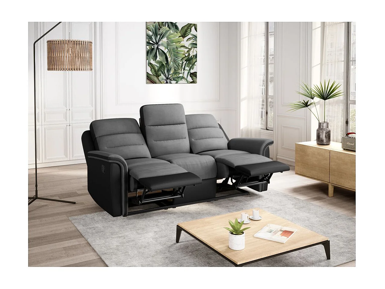 Ensemble canapé relax manuel Léon 3 places + fauteuil manuel en microfibre et simili Gris/noir - Loungitude