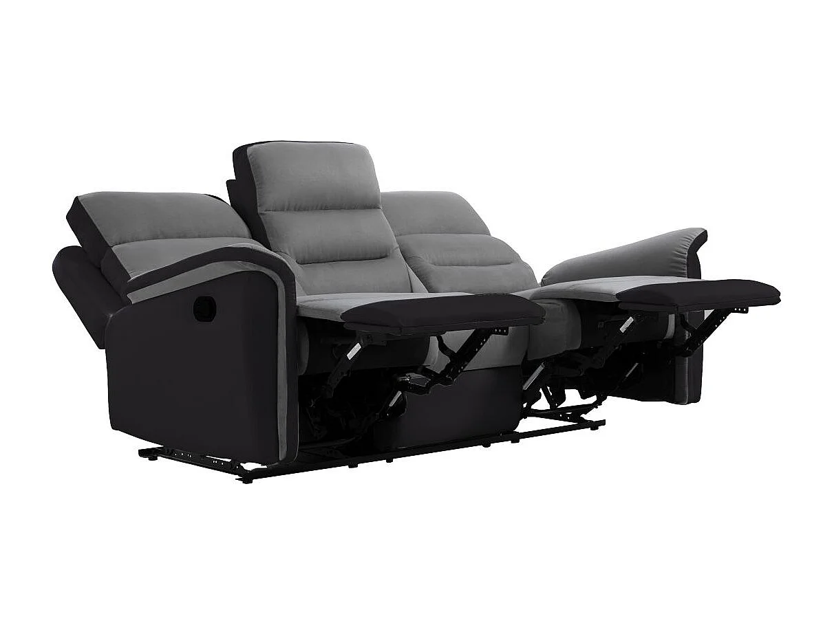 Ensemble canapé relax manuel Léon 3 places + fauteuil manuel en microfibre et simili Gris/noir - Loungitude