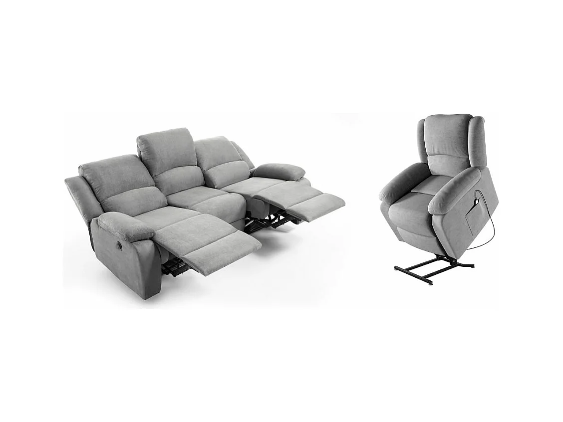 Ensemble canapé relax électrique Léo 3 places + fauteuil releveur en microfibre grise - Loungitude
