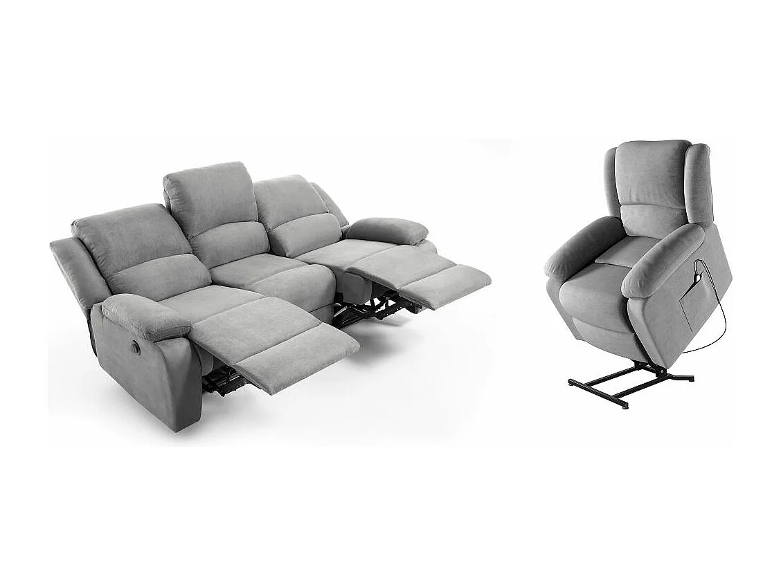 Ensemble canapé relax électrique Léo 3 places + fauteuil releveur en microfibre grise - Loungitude
