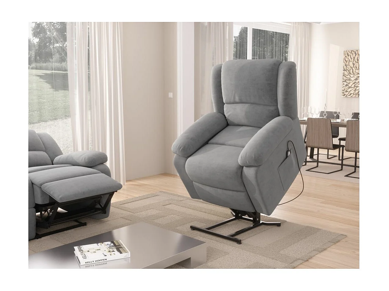 Ensemble canapé relax électrique Léo 3 places + fauteuil releveur en microfibre grise - Loungitude