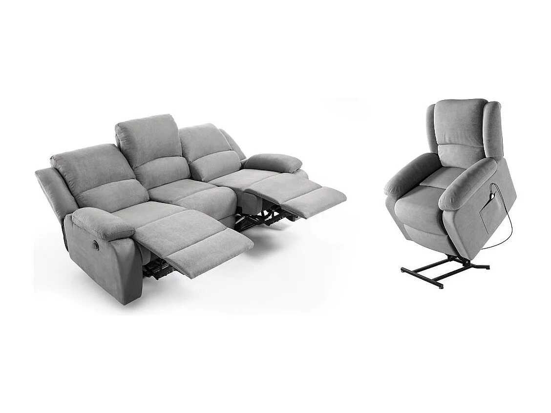 Ensemble canapé relax électrique Léo 3 places + fauteuil releveur en microfibre grise - Loungitude