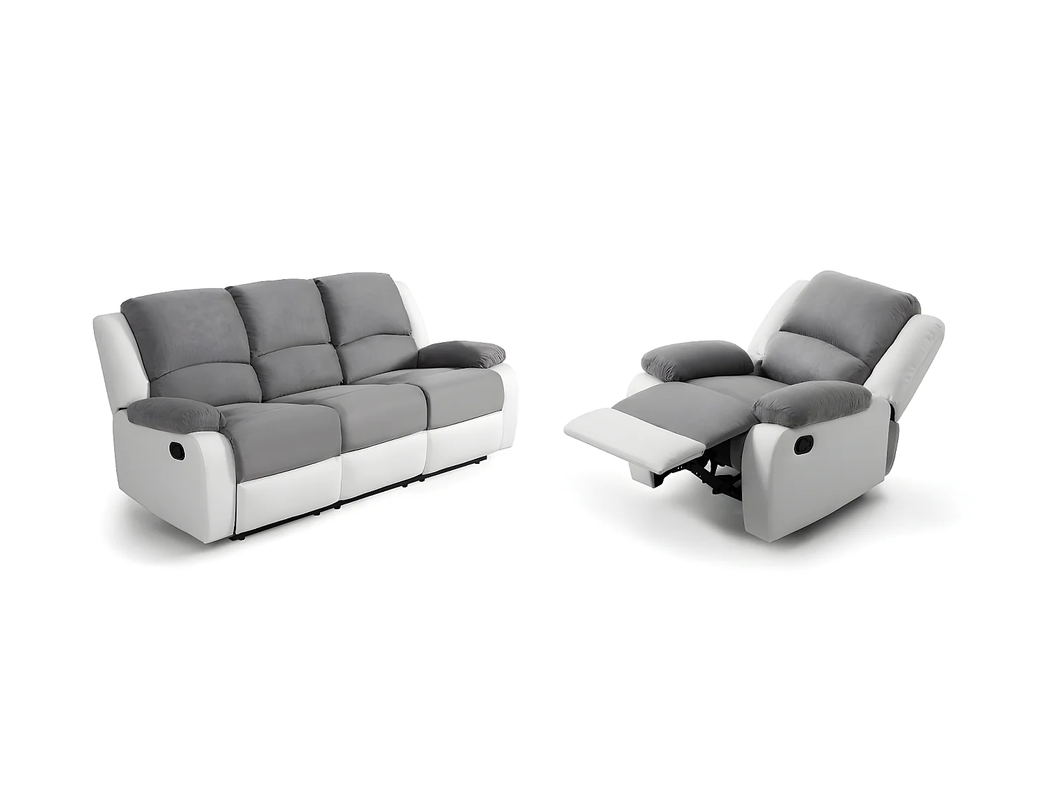 RELAXXO - Pack canapé relax manuel LEO 3 pl + fauteuil manuel en microfibre et simili - Gris/Blanc