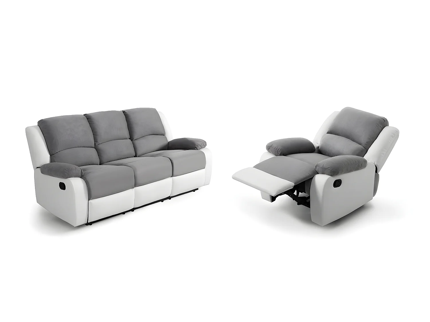 RELAXXO - Pack canapé relax manuel LEO 3 pl + fauteuil manuel en microfibre et simili - Gris/Blanc