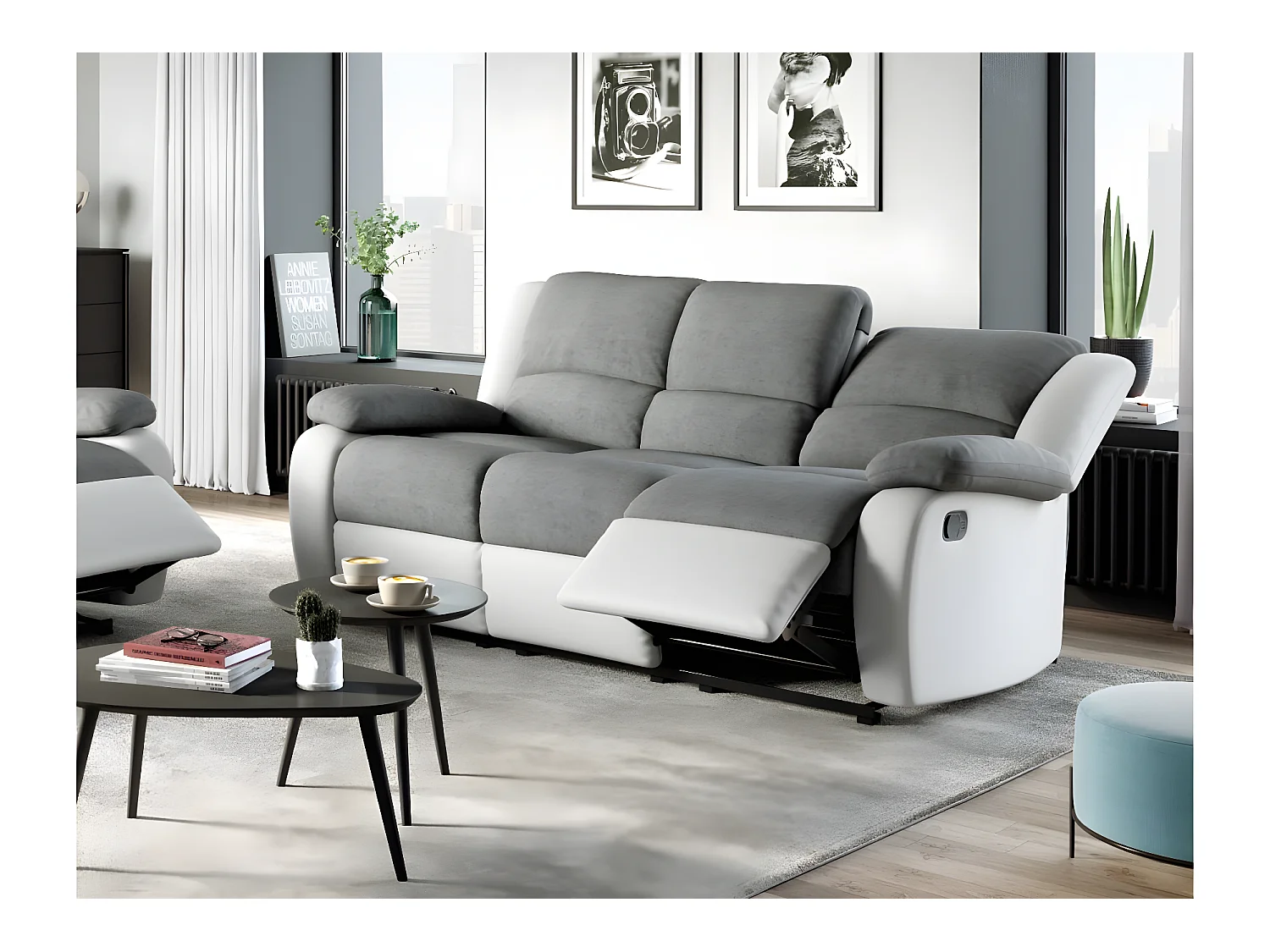 RELAXXO - Pack canapé relax manuel LEO 3 pl + fauteuil manuel en microfibre et simili - Gris/Blanc
