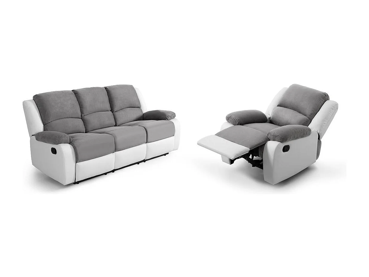 RELAXXO - Pack canapé relax manuel LEO 3 pl + fauteuil manuel en microfibre et simili - Gris/Blanc