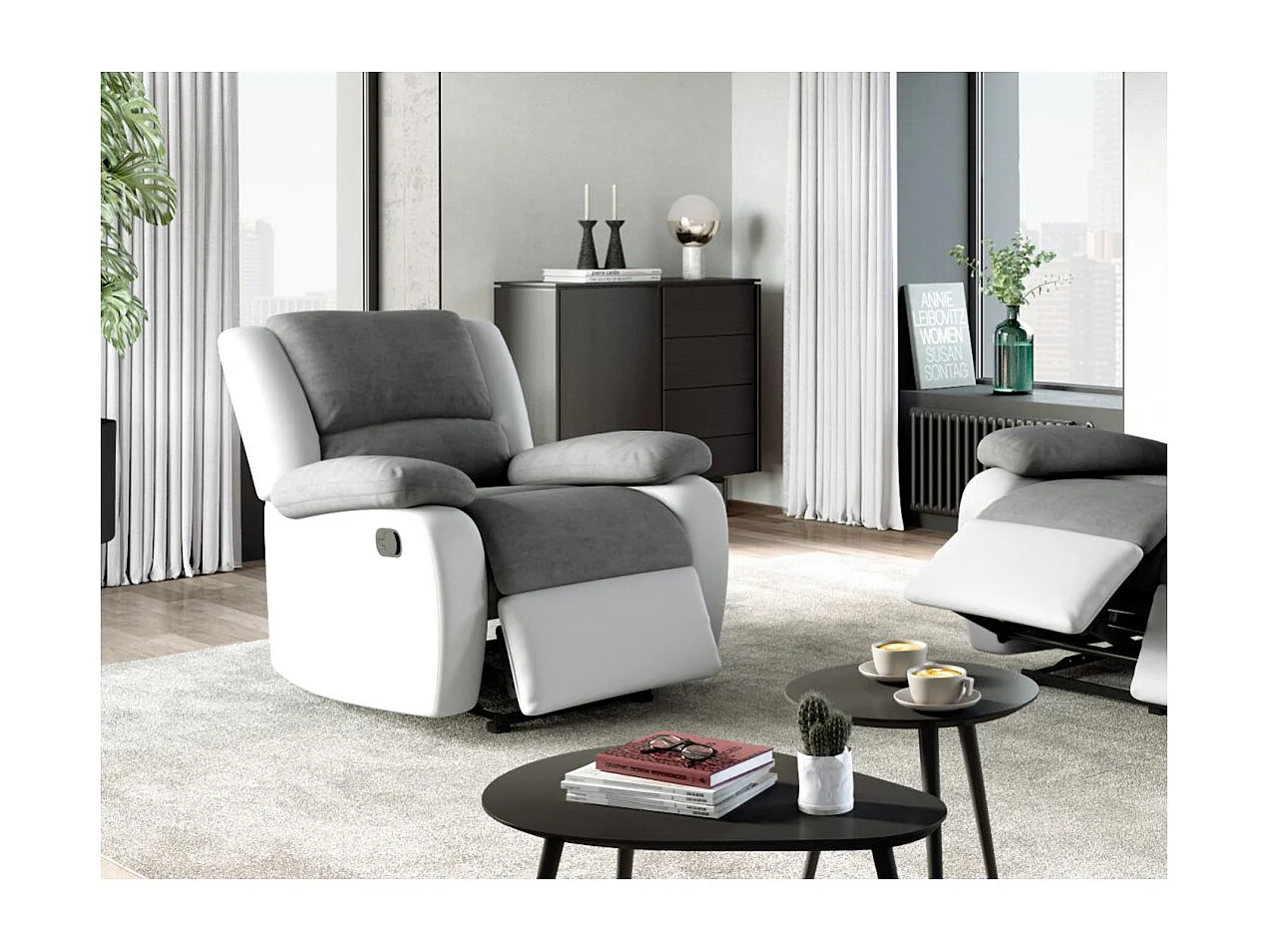 RELAXXO - Pack canapé relax manuel LEO 3 pl + fauteuil manuel en microfibre et simili - Gris/Blanc