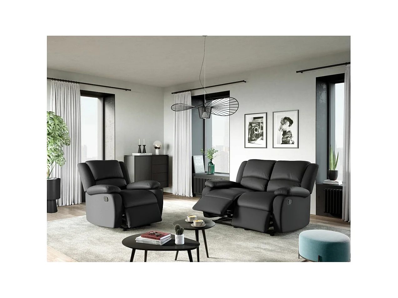 Ensemble canapé relax manuel Léo 2 places + fauteuil manuel en simili - Noir - Loungitude