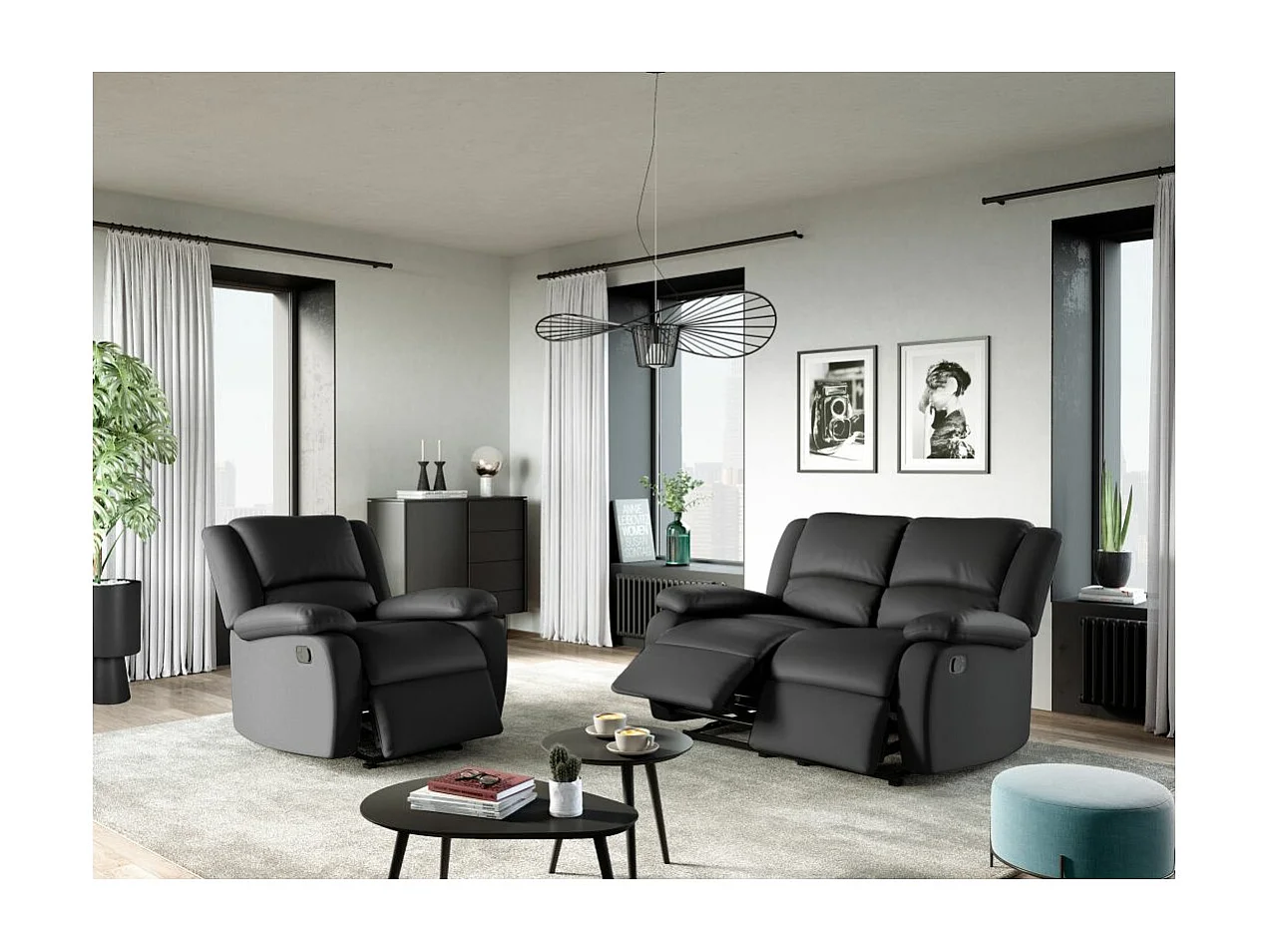 Ensemble canapé relax manuel Léo 2 places + fauteuil manuel en simili - Noir - Loungitude