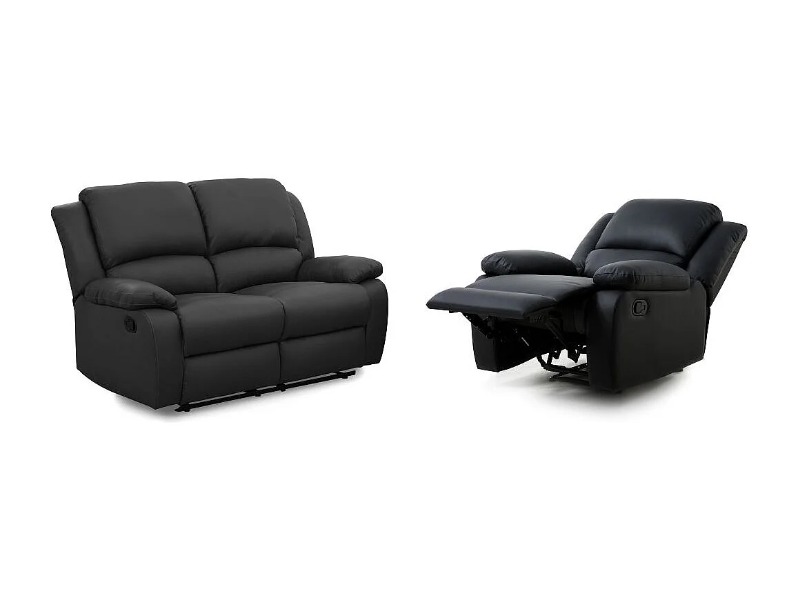 Ensemble canapé relax manuel Léo 2 places + fauteuil manuel en simili - Noir - Loungitude