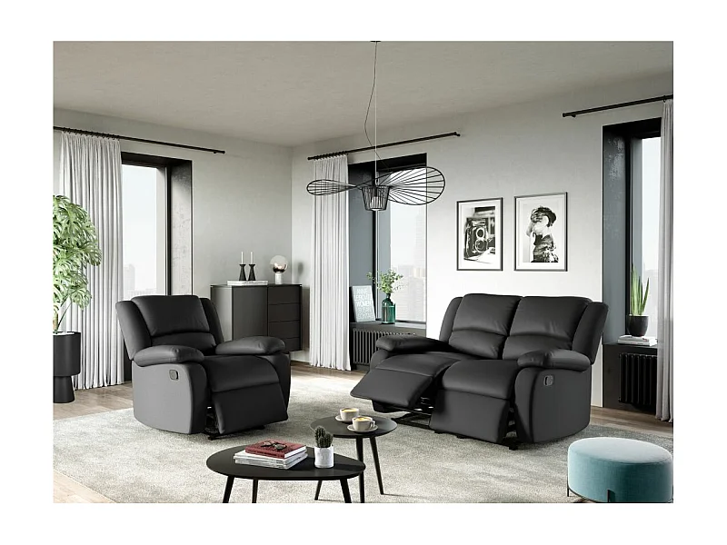 Ensemble canapé relax manuel Léo 2 places + fauteuil manuel en simili - Noir - Loungitude