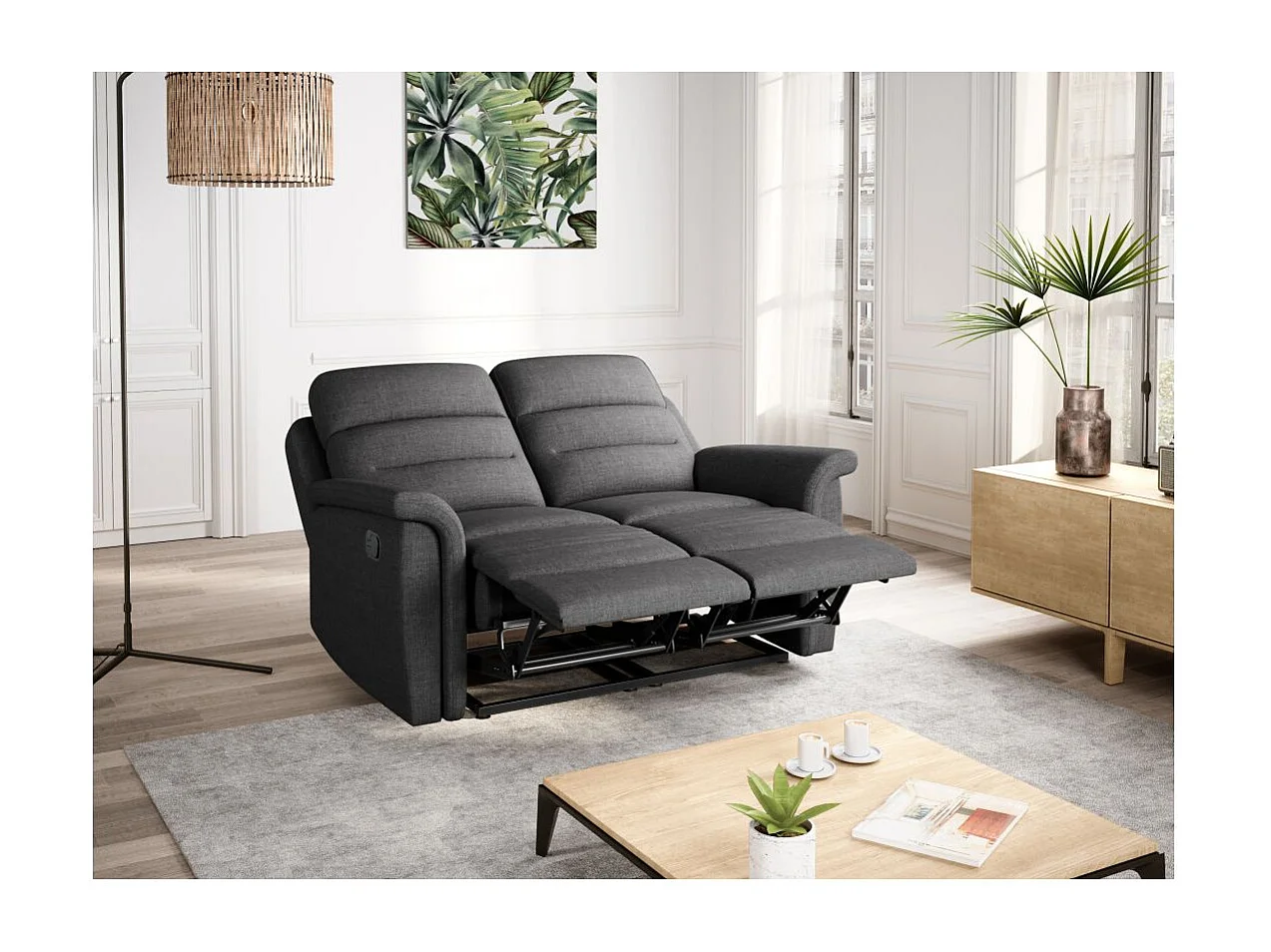 Ensemble canapé relax manuel Léon 2 places + fauteuil manuel en tissu Gris anthracite - Loungitude