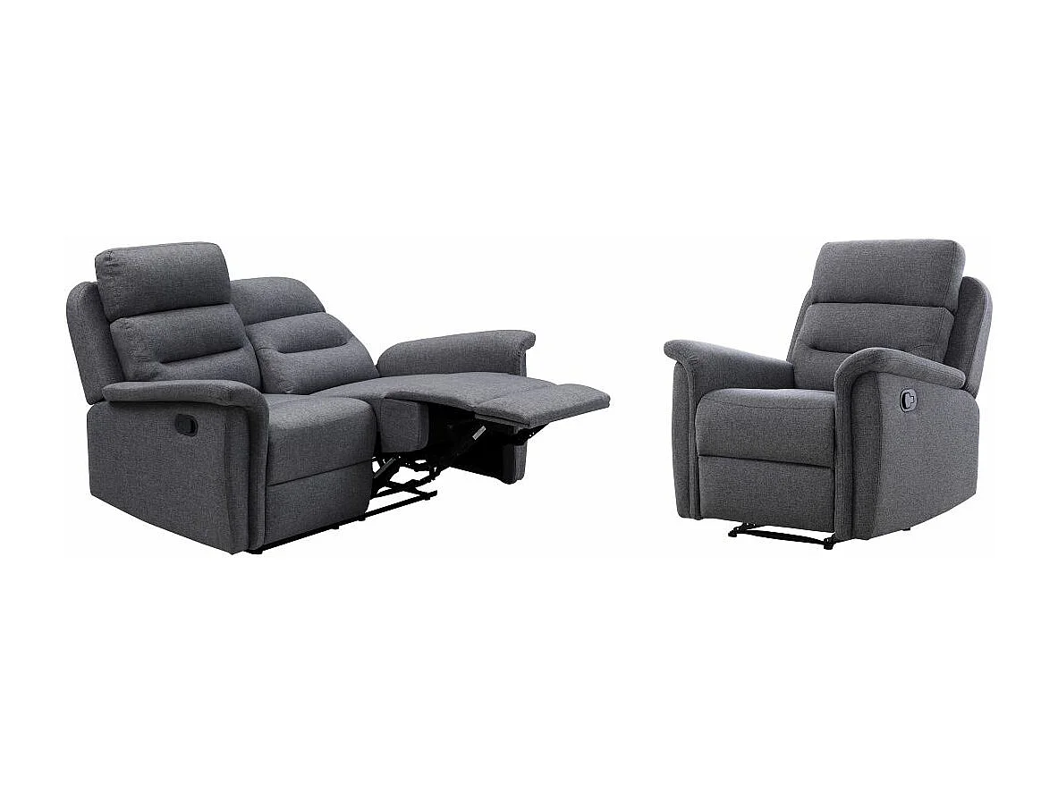 Ensemble canapé relax manuel Léon 2 places + fauteuil manuel en tissu Gris anthracite - Loungitude