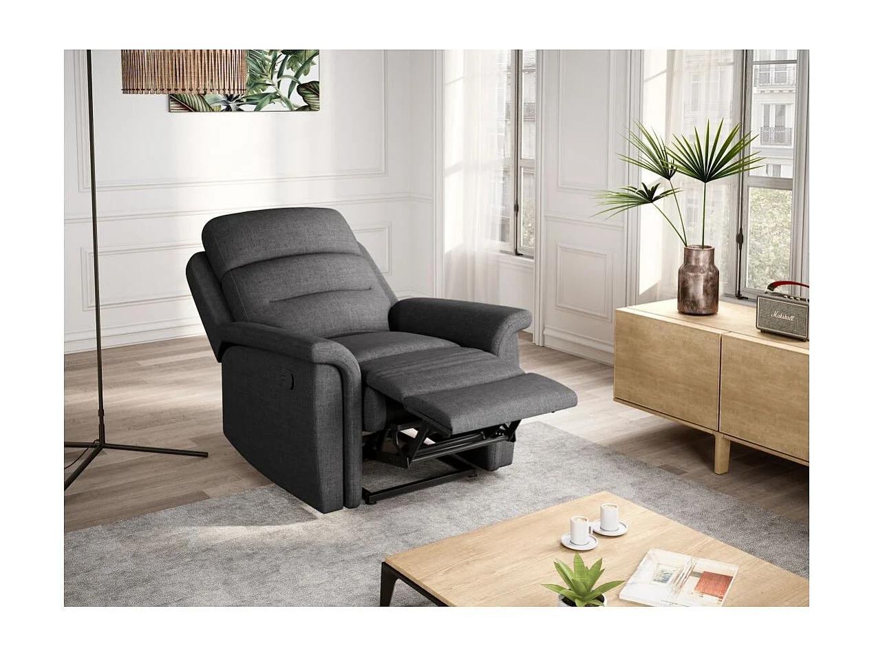 Ensemble canapé relax manuel Léon 2 places + fauteuil manuel en tissu Gris anthracite - Loungitude